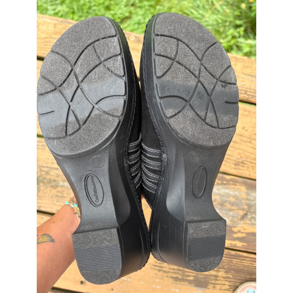 Croft & Barrow Black Ortholite Clog Mules Faux Suede Studded Lattice Heel Womens - Picture 9 of 11